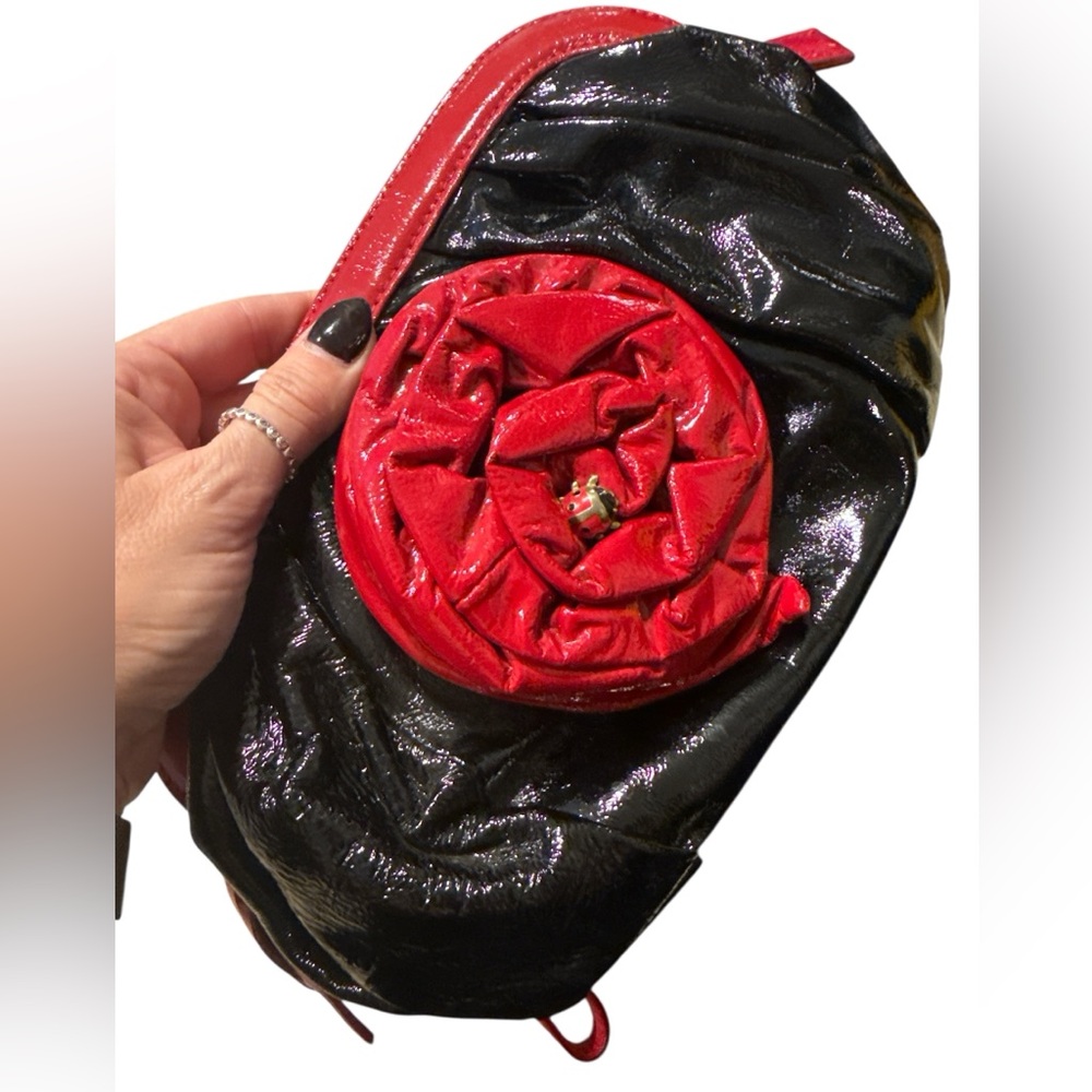 Original by Sharif Genuine leather rose and lady bug red and black clutch bag